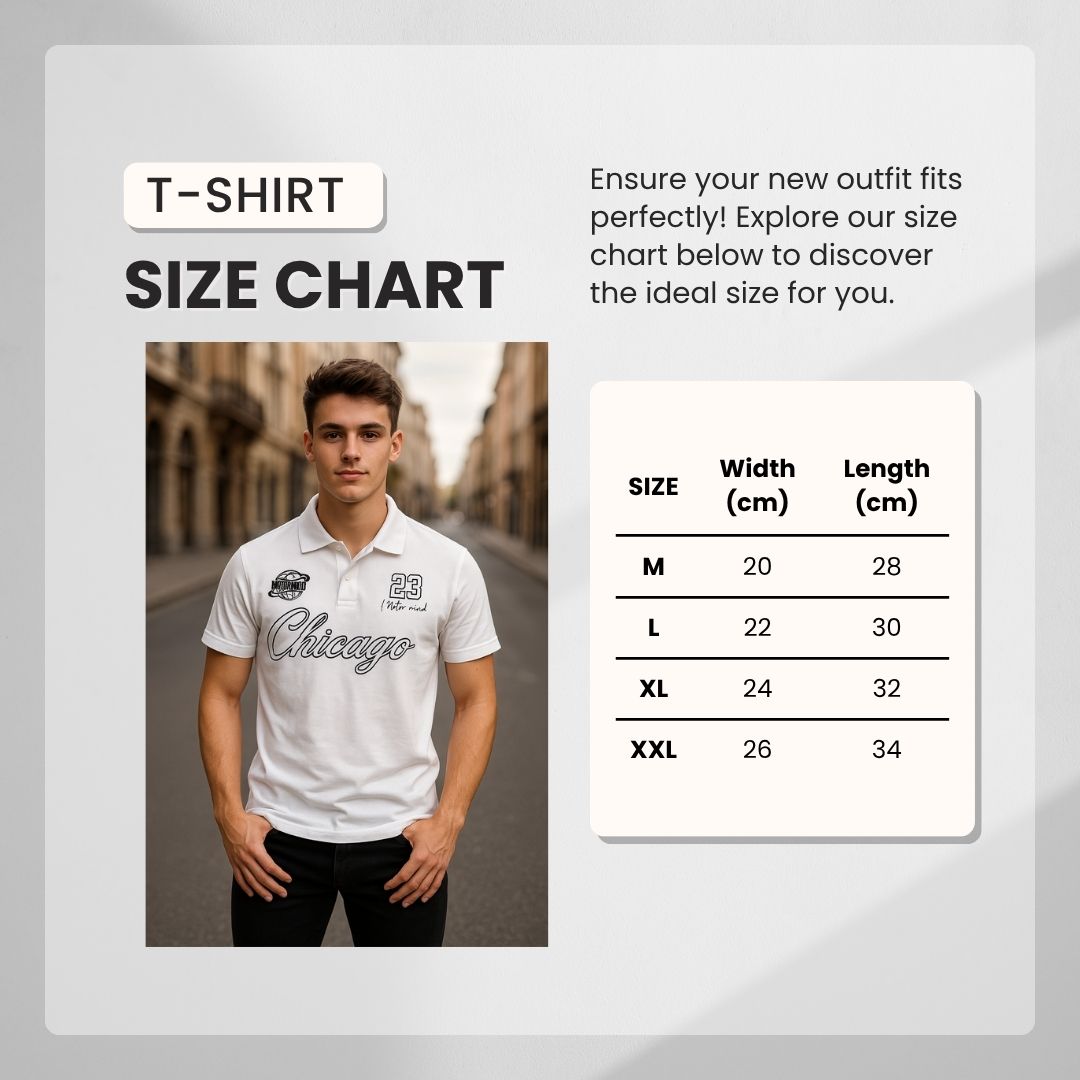 Men's White Polo Shirt Chicago Embroidered Design | Streetwear Graphic Polo | Urban Casual Slim Fit Polo for Men
