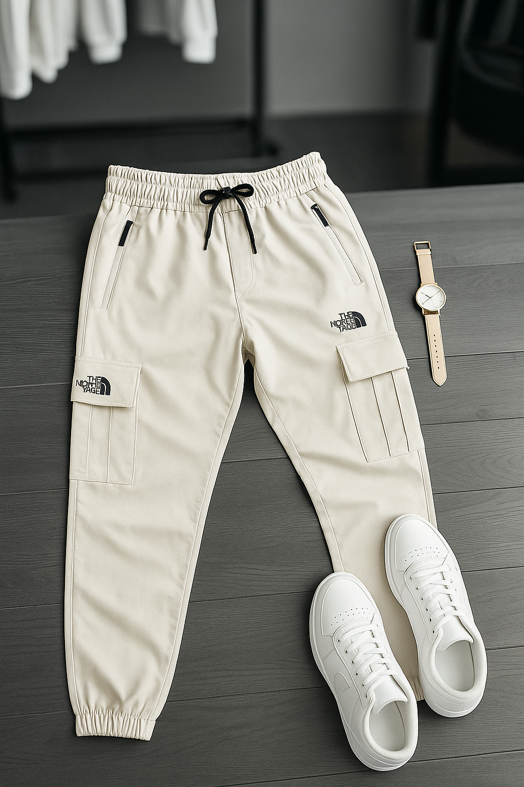 "Men’s Beige Cargo Trousers – Casual Streetwear with Zipper Pockets | The North Face Style"