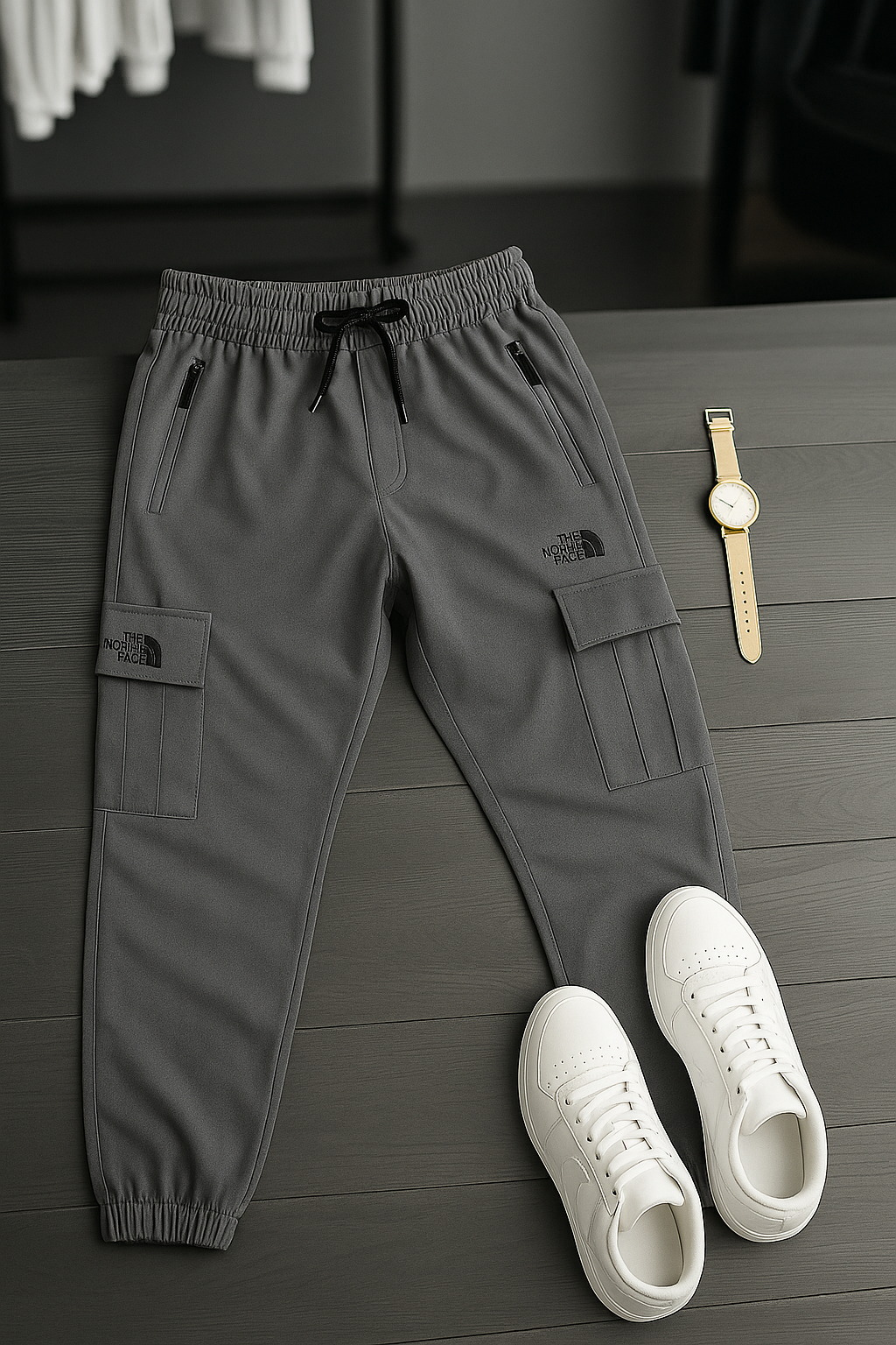 "Men’s Beige Cargo Trousers – Casual Streetwear with Zipper Pockets | The North Face Style"