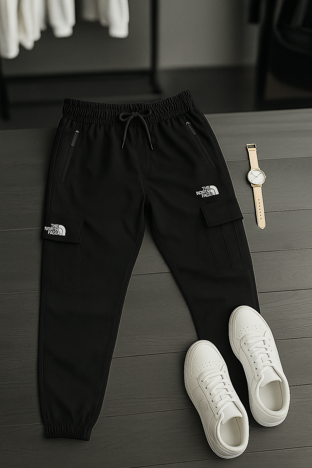 "Men’s Beige Cargo Trousers – Casual Streetwear with Zipper Pockets | The North Face Style"