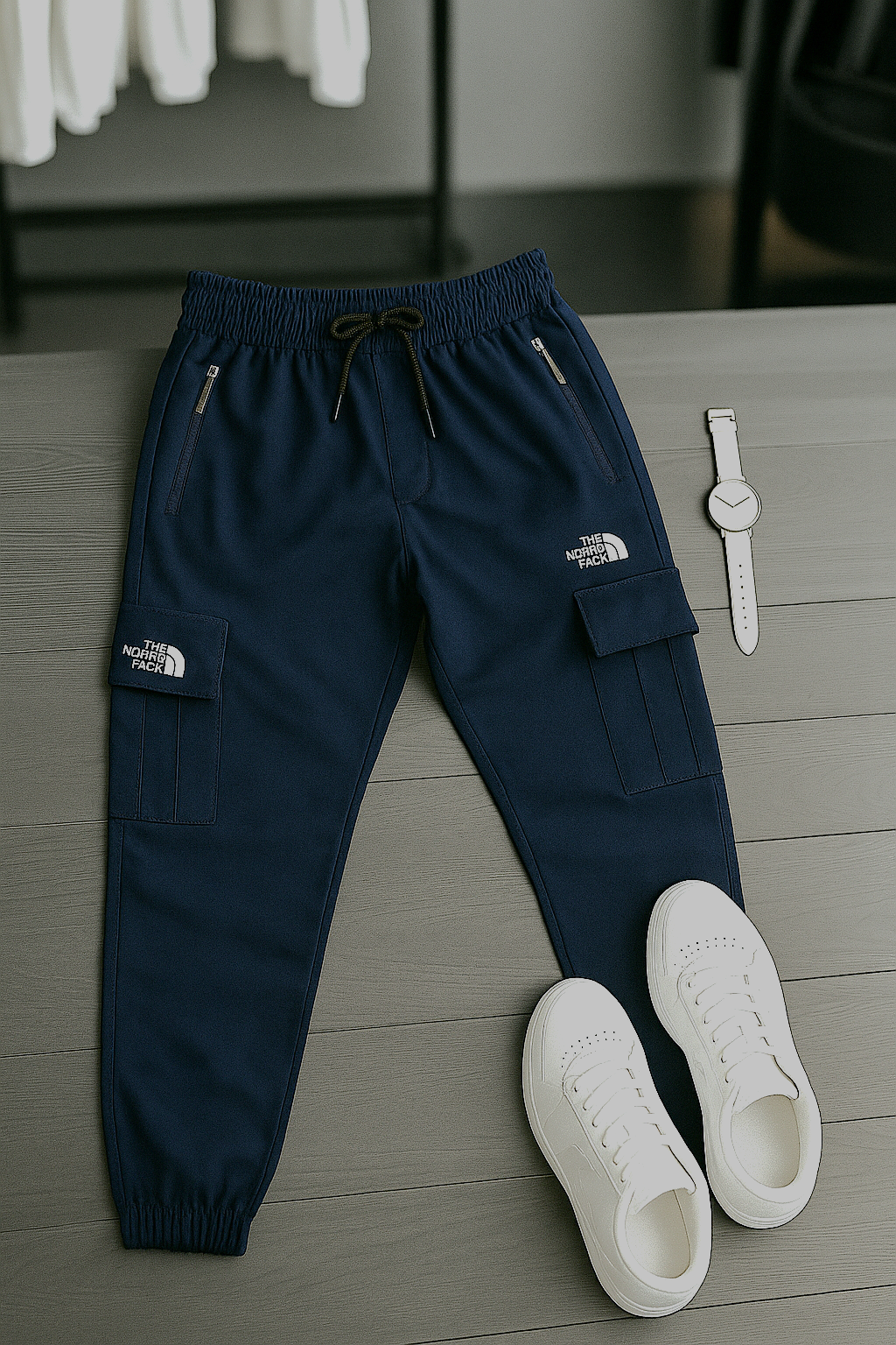 "Men’s Beige Cargo Trousers – Casual Streetwear with Zipper Pockets | The North Face Style"
