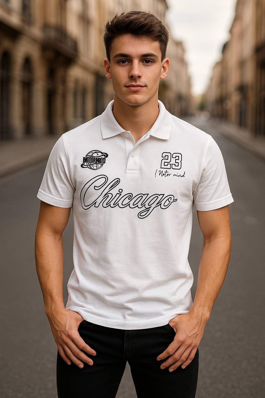 Men's White Polo Shirt Chicago Embroidered Design | Streetwear Graphic Polo | Urban Casual Slim Fit Polo for Men