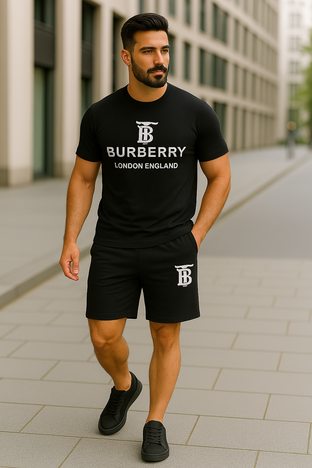 Men’s Designer Tracksuit Set – Burberry London England Logo Premium Cotton T-Shirt & Shorts Unex Clothing Streetwear