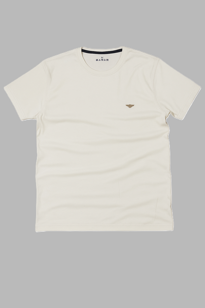 Men’s Cream White Textured T-Shirt – Slim Fit Casual Tee with chest Logo | Minimalist Summer Shirt"