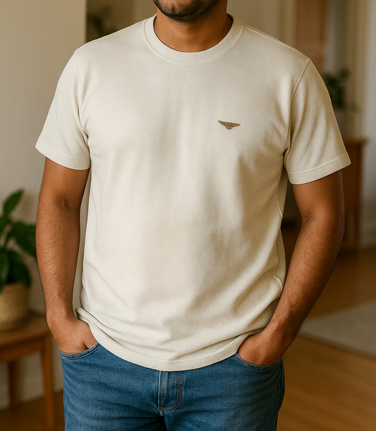 Men’s Cream White Textured T-Shirt – Slim Fit Casual Tee with chest Logo | Minimalist Summer Shirt"