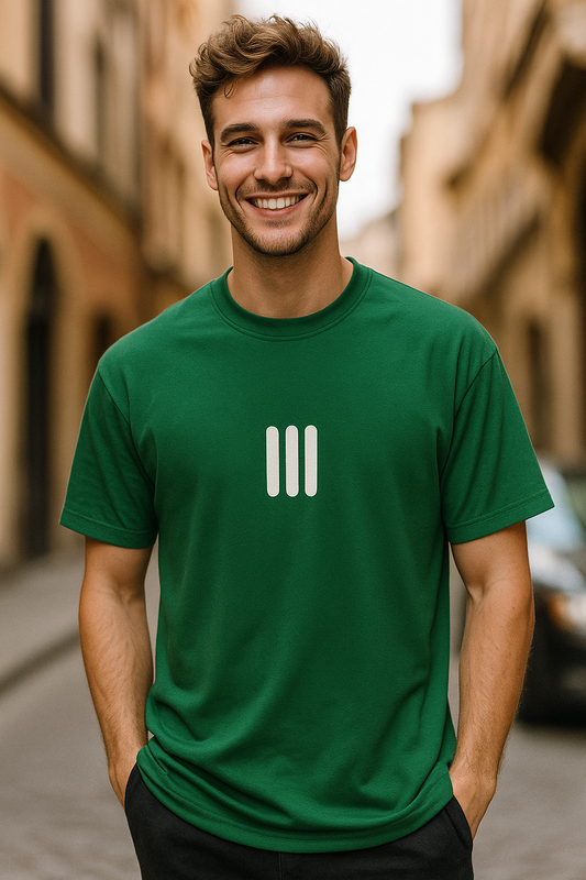 Mens Minimalist Graphic T-Shirt – Cotton Casual Tee with Vertical Print in Black White Green