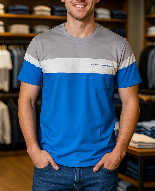 Stylish Men's Summer T-Shirt – Blue & Grey Color Block Design with pocket