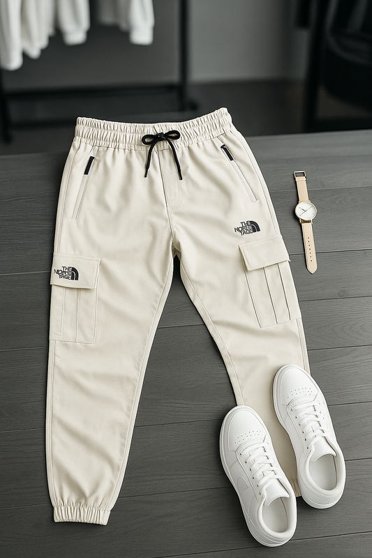 "Men’s Beige Cargo Trousers – Casual Streetwear with Zipper Pockets | The North Face Style"