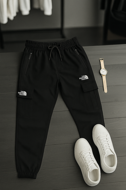 "Men’s Beige Cargo Trousers – Casual Streetwear with Zipper Pockets | The North Face Style"
