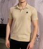 premium quality Mens Textured Beige Polo Shirt | Casual Collared Knit Shirt | Summer Breathable Short Sleeve Top | Black Stone Logo Polo Tee