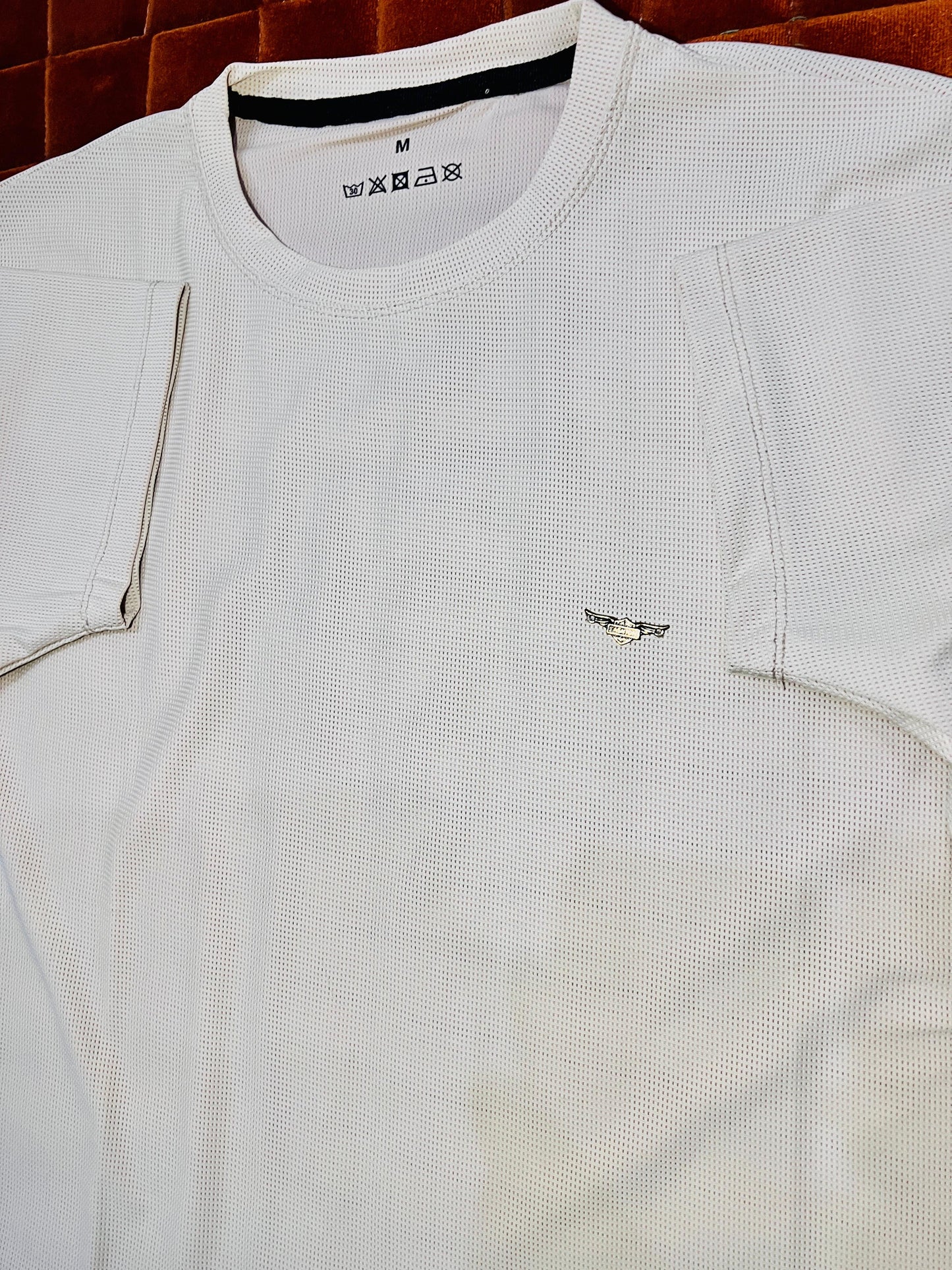 Men’s Cream White Textured T-Shirt – Slim Fit Casual Tee with chest Logo | Minimalist Summer Shirt"