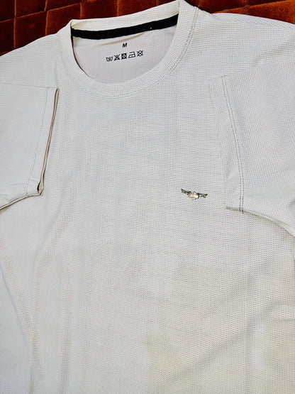 Men’s Cream White Textured T-Shirt – Slim Fit Casual Tee with chest Logo | Minimalist Summer Shirt"