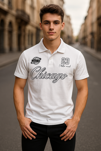 Men's White Polo Shirt Chicago Embroidered Design | Streetwear Graphic Polo | Urban Casual Slim Fit Polo for Men