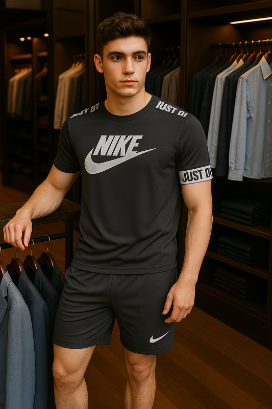 Men’s Burgundy Nike Tracksuit – Short Sleeve Set with “Just Do It” Logo  Athletic Gym Wear & Casual Street Style