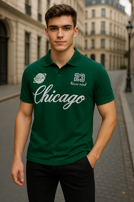 Men's White Polo Shirt Chicago Embroidered Design | Streetwear Graphic Polo | Urban Casual Slim Fit Polo for Men