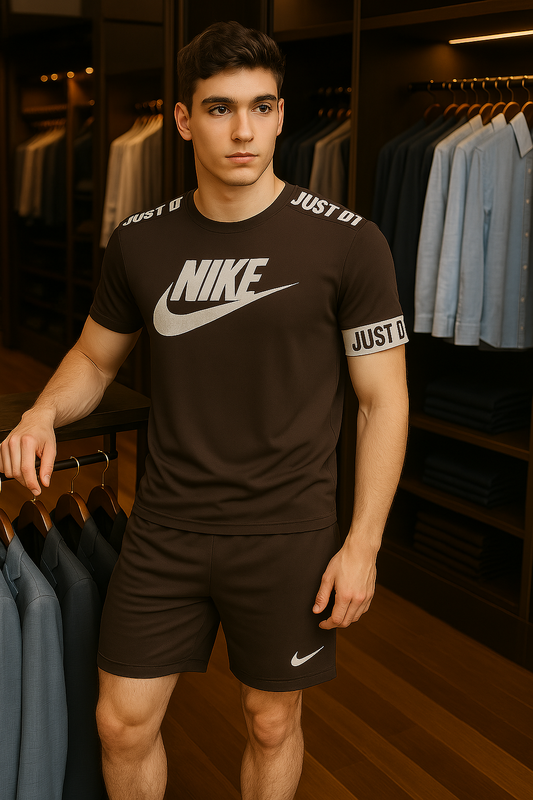 Men’s Burgundy Nike Tracksuit – Short Sleeve Set with “Just Do It” Logo  Athletic Gym Wear & Casual Street Style