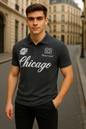 Men's White Polo Shirt Chicago Embroidered Design | Streetwear Graphic Polo | Urban Casual Slim Fit Polo for Men
